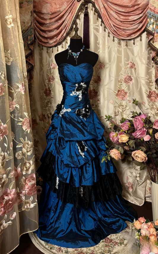 Vintage Mermaid Sweetheart Navy Blue 70s Sleeveless With Ruffles Long Prom Dresses Formal Evening Gowns AU297