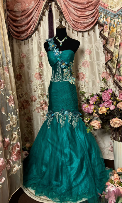Robe de bal longue vintage sirène asymétrique vert foncé sans manches, robe de soirée formelle pour adolescentes AU298