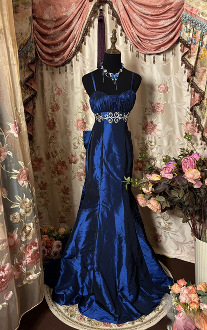 Vintage Mermaid Spaghetti Straps Royal Blue Taffeta Sleeveless Long Prom Dresses Formal Party Teens Evening Gowns AU299