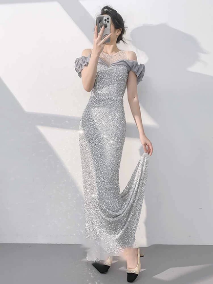 Bescheidene Meerjungfrau aus der Schulter Silber Pailletten lange Ballkleider Partykleid 21. Geburtstag Outfits Abschlusskleid AU300