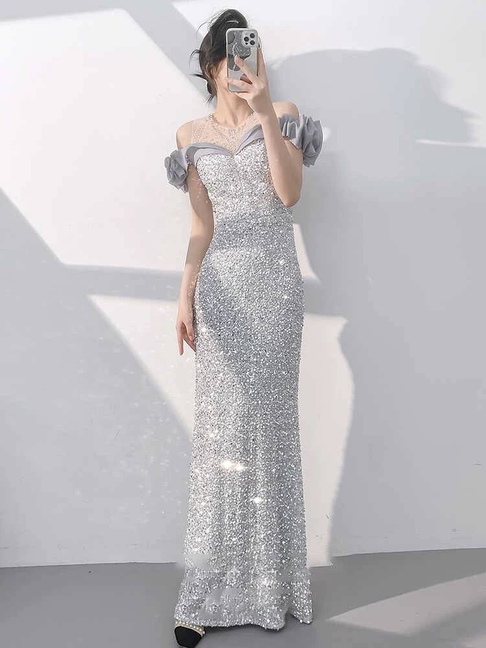 Bescheidene Meerjungfrau aus der Schulter Silber Pailletten lange Ballkleider Partykleid 21. Geburtstag Outfits Abschlusskleid AU300