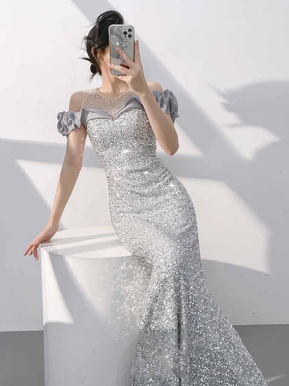 Bescheidene Meerjungfrau aus der Schulter Silber Pailletten lange Ballkleider Partykleid 21. Geburtstag Outfits Abschlusskleid AU300