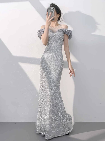 Bescheidene Meerjungfrau aus der Schulter Silber Pailletten lange Ballkleider Partykleid 21. Geburtstag Outfits Abschlusskleid AU300