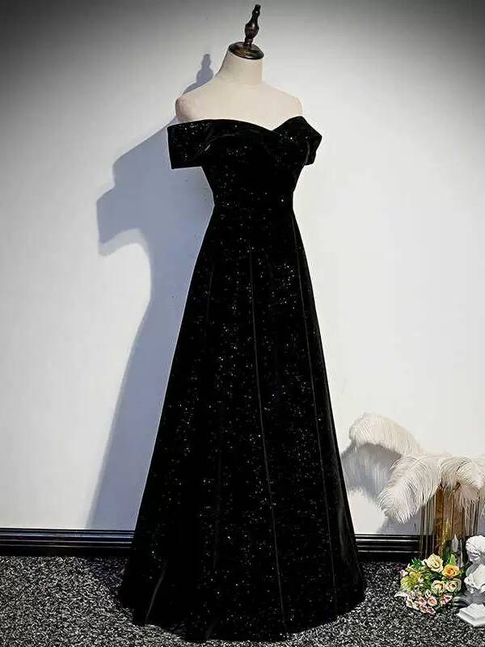 Magnifique robe de bal noire à paillettes, coupe trapèze, épaules dénudées, robe de bal princesse, robe de remise de diplôme, AU302
