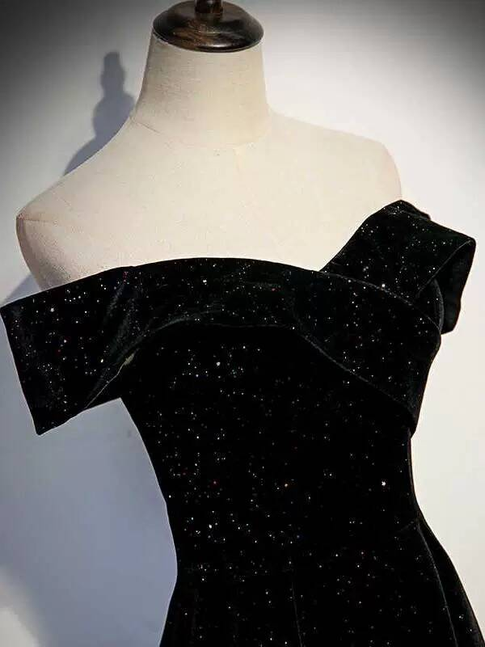 Magnifique robe de bal noire à paillettes, coupe trapèze, épaules dénudées, robe de bal princesse, robe de remise de diplôme, AU302