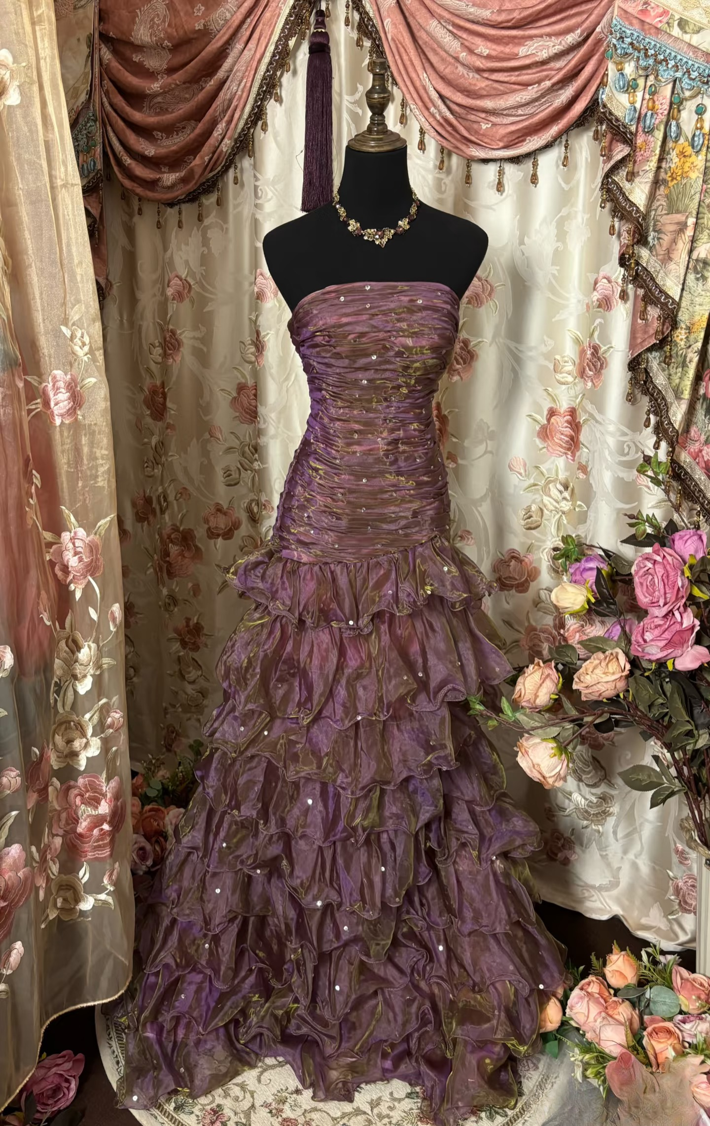 Vintage Mermaid Strapless Purple Organza 70s Sleeveless With Ruffles Long Prom Dresses Formal Evening Gowns AU302