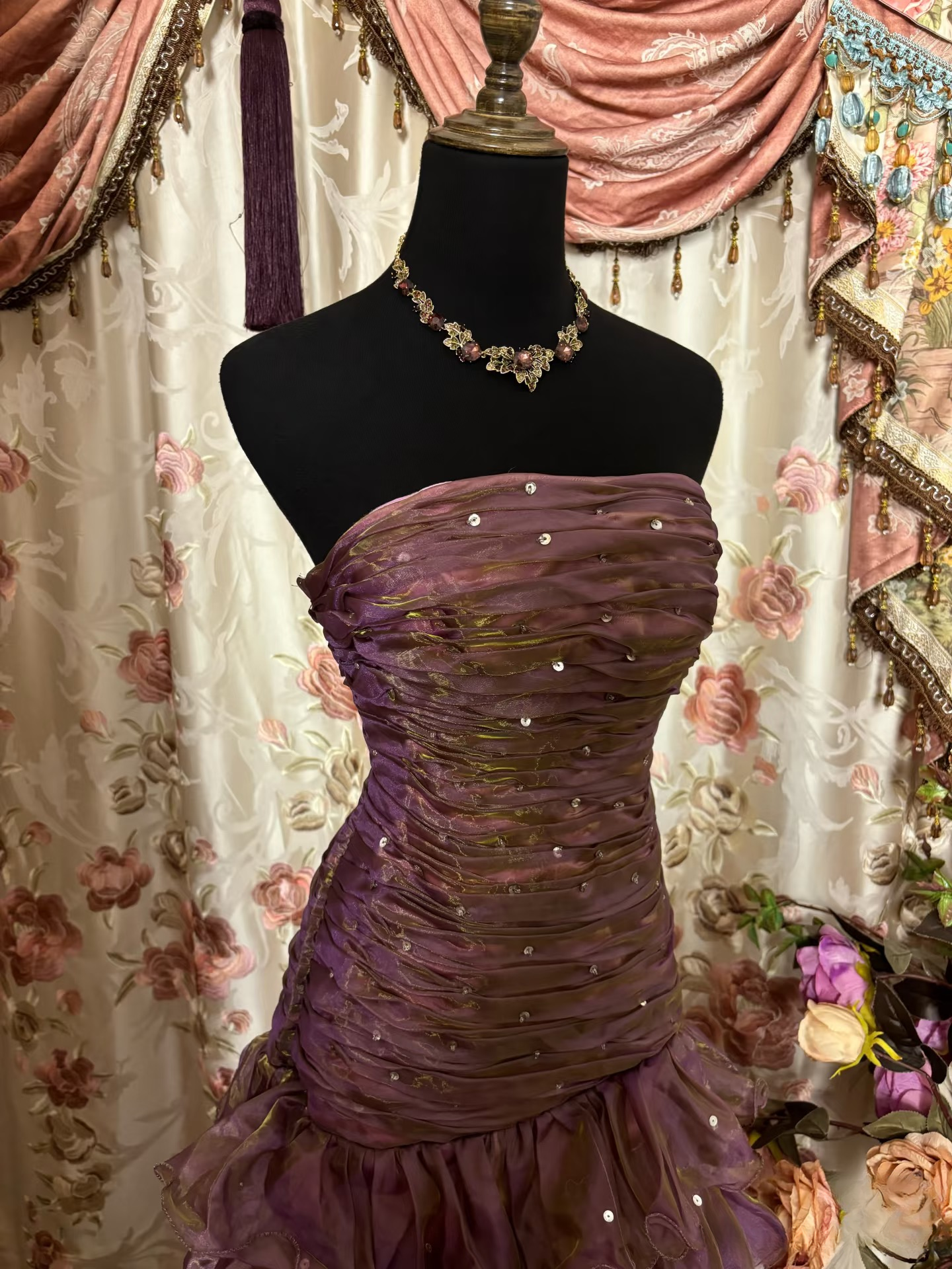 Vintage Mermaid Strapless Purple Organza 70s Sleeveless With Ruffles Long Prom Dresses Formal Evening Gowns AU302
