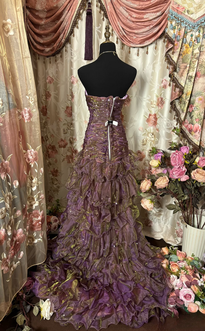 Vintage Mermaid Strapless Purple Organza 70s Sleeveless With Ruffles Long Prom Dresses Formal Evening Gowns AU302