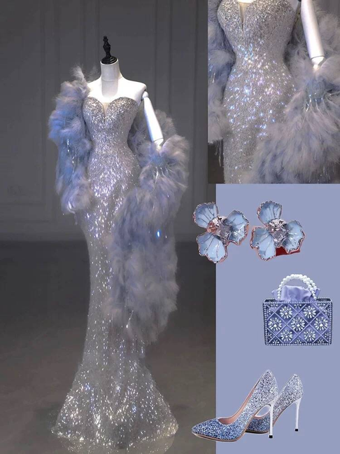 Robe de bal sirène intemporelle à paillettes argentées et décolleté en cœur, inspiration longue, robe de soirée formelle AU303