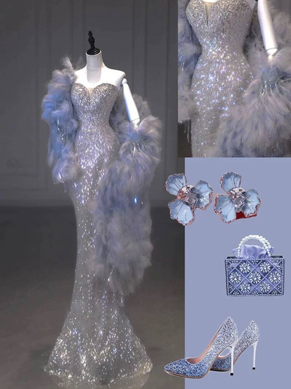 Robe de bal sirène intemporelle à paillettes argentées et décolleté en cœur, inspiration longue, robe de soirée formelle AU303
