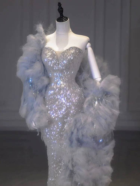 Robe de bal sirène intemporelle à paillettes argentées et décolleté en cœur, inspiration longue, robe de soirée formelle AU303