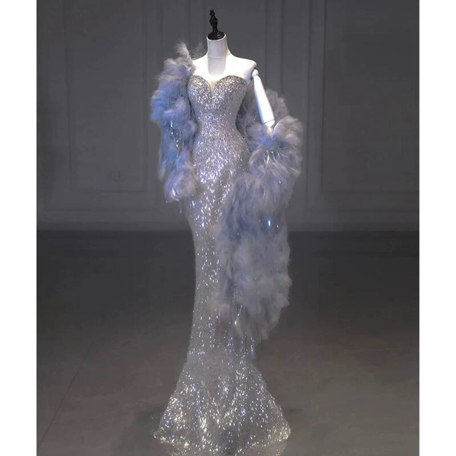 Robe de bal sirène intemporelle à paillettes argentées et décolleté en cœur, inspiration longue, robe de soirée formelle AU303