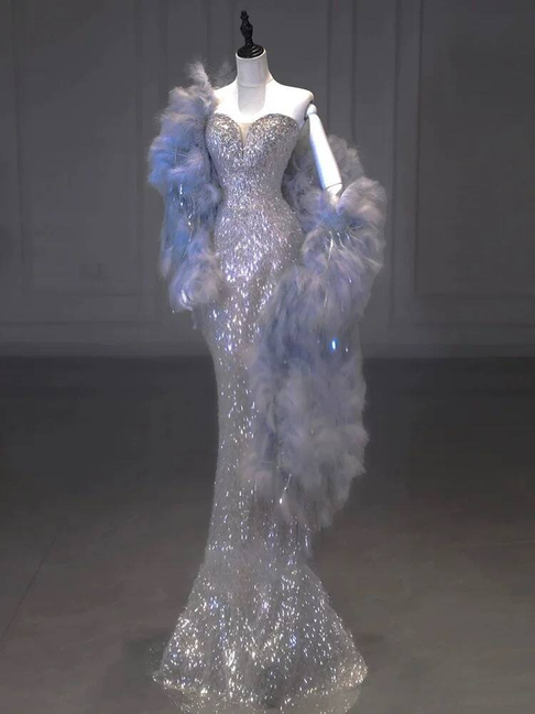 Robe de bal sirène intemporelle à paillettes argentées et décolleté en cœur, inspiration longue, robe de soirée formelle AU303