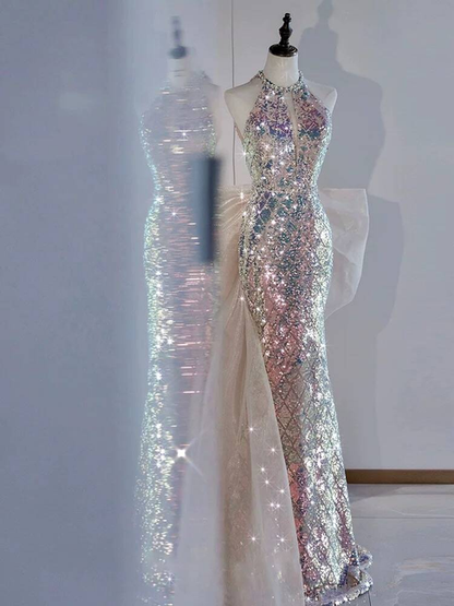 Modest Mermaid Scoop Neck Sequin Long Prom Dresses Party Dress 21st Birthday Outfits Graduation Dress AU304