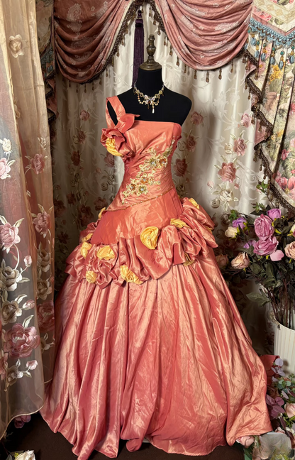 Dazzling Ball Gown One Shoulder Pink With Appliques Ruffle Layers Long Quinceanera Dresses Sweet 15 16 Birthday Gown AU304