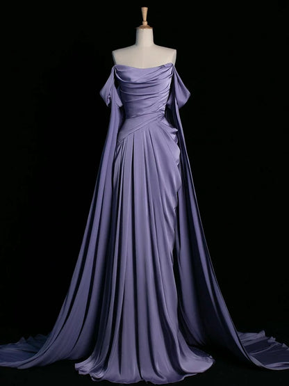 Modest Mermaid Off The Shoulder Light Grape Satin Long Prom Dresses Party Dress Princess Graduation Dress AU305