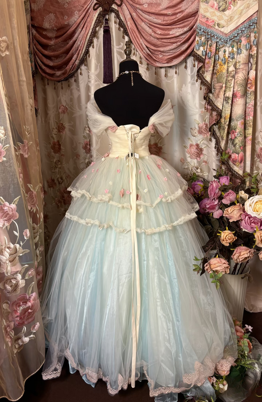 Dazzling Ball Gown Off The Shoulder Tulle With Appliques Ruffle Layers Long Quinceanera Dresses Sweet 15 16 Birthday Gown AU305