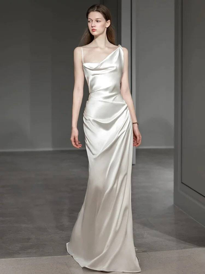 Modest Mermaid Straps White Backless Satin Wedding Dress Long Fairytale Autumn Wedding Dresses AU306