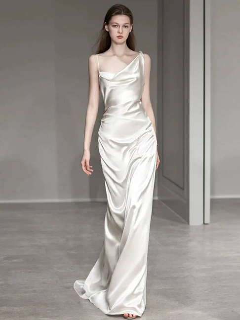 Modest Mermaid Straps White Backless Satin Wedding Dress Long Fairytale Autumn Wedding Dresses AU306