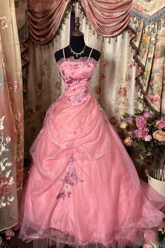 Dazzling Ball Gown Spaghetti Strap Pink Tulle With Appliques Ruffle Layers Long Quinceanera Dresses Sweet 15 16 Birthday Gown AU306