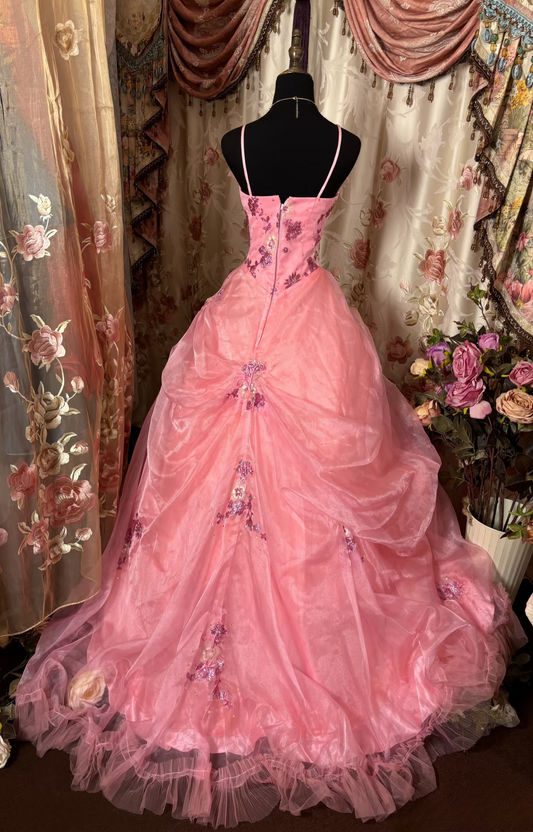 Dazzling Ball Gown Spaghetti Strap Pink Tulle With Appliques Ruffle Layers Long Quinceanera Dresses Sweet 15 16 Birthday Gown AU306
