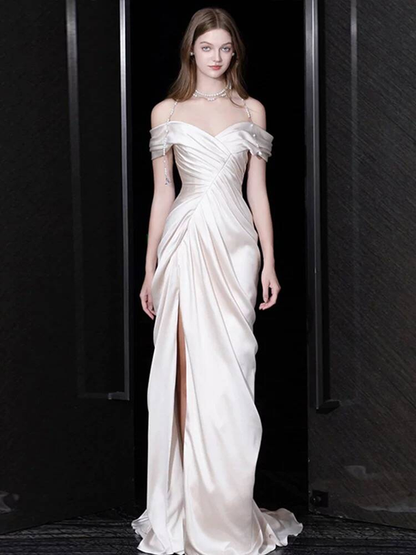 Modest Mermaid Off The Shoulder White Slit Satin Wedding Dress Long Fairytale Autumn Wedding Dresses AU307