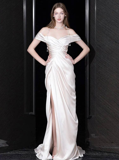Modest Mermaid Off The Shoulder White Slit Satin Wedding Dress Long Fairytale Autumn Wedding Dresses AU307