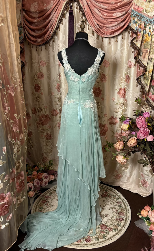 Gorgeous A Line Chiffon Blue Appliques 60s Sleeveless With Ruffles Long Prom Dresses Formal Evening Gowns AU307