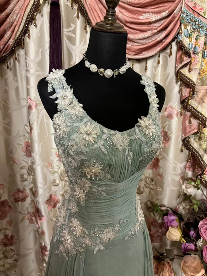 Gorgeous A Line Chiffon Blue Appliques 60s Sleeveless With Ruffles Long Prom Dresses Formal Evening Gowns AU307