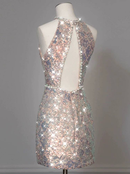 Modest Sheath Scoop Neck Sequin Short Prom Dresses Party Dress 21st Birthday Outfits Homecoming Dress AU308