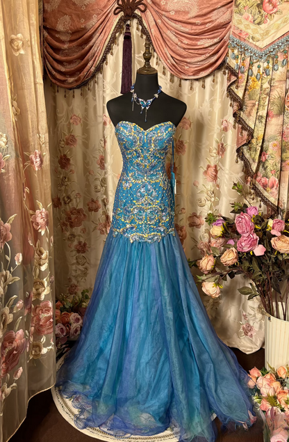 Gorgeous Mermaid Sweetheart With Gold Appliques 60s Sleeveless With Lace Long Prom Dresses Formal Evening Gowns AU308