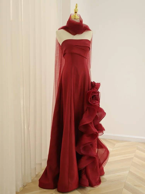 Classy Mermaid Strapless Burgundy Long Prom Dresses With Scarf Party Dress 22th Birthday Outfits Graduation Dress AU309