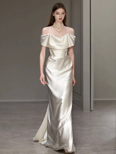 Robe de mariée sirène simple en satin blanc à épaules dénudées, longue, style conte de fées, pour l'automne, AU310