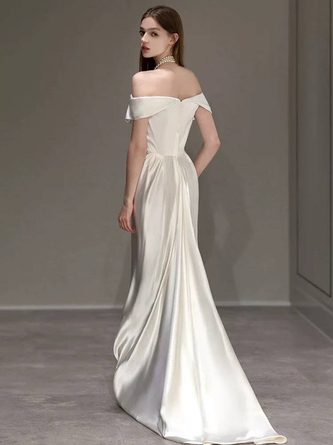 Robe de mariée sirène simple en satin blanc à épaules dénudées, longue, style conte de fées, pour l'automne, AU310