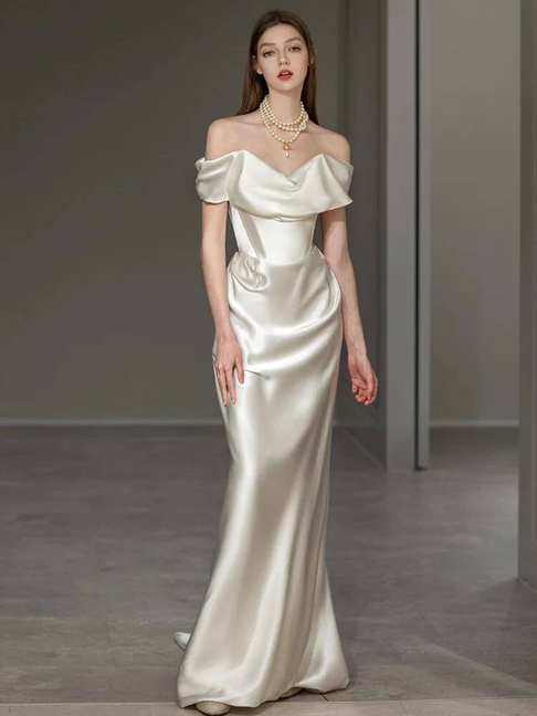 Robe de mariée sirène simple en satin blanc à épaules dénudées, longue, style conte de fées, pour l'automne, AU310