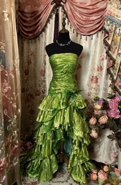 Robe de bal vintage asymétrique sans bretelles verte, robe de soirée formelle pour adolescentes AU310