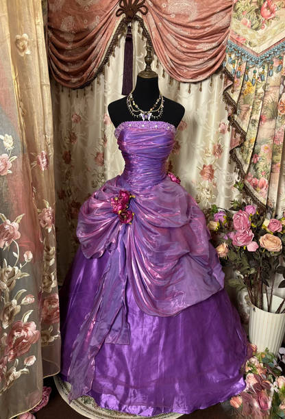 Dazzling Ball Gown Strapless Purple Organza With Beads Ruffle Layers Long Quinceanera Dresses Sweet 15 16 Birthday Gown AU311