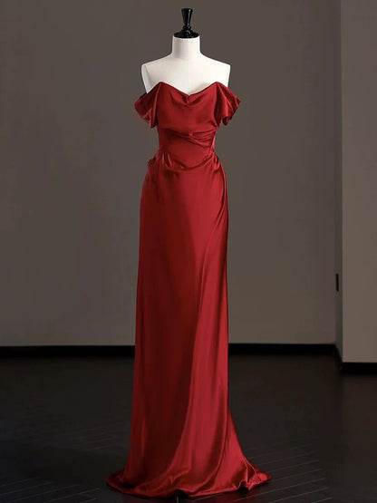 Edle Meerjungfrau aus der Schulter Burgund Satin Ballkleider Partykleid 21. Geburtstag Outfits Abschlusskleid AU312
