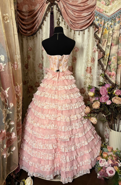 Cute Ball Gown Strapless Lace Tulle With Beads Ruffle Layers Long Quinceanera Dresses Sweet 15 16 Birthday Gown AU314
