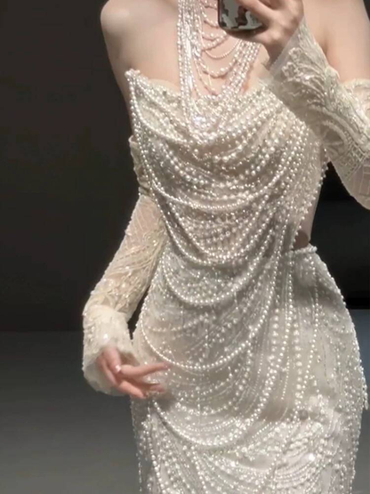 Modest Mermaid Strapless White Sequins Wedding Dress Styles Long Fairytale Autumn Wedding Dresses Ideas AU315