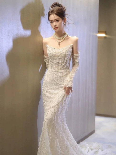 Modest Mermaid Strapless White Sequins Wedding Dress Styles Long Fairytale Autumn Wedding Dresses Ideas AU315
