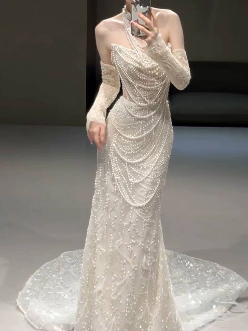 Modest Mermaid Strapless White Sequins Wedding Dress Styles Long Fairytale Autumn Wedding Dresses Ideas AU315