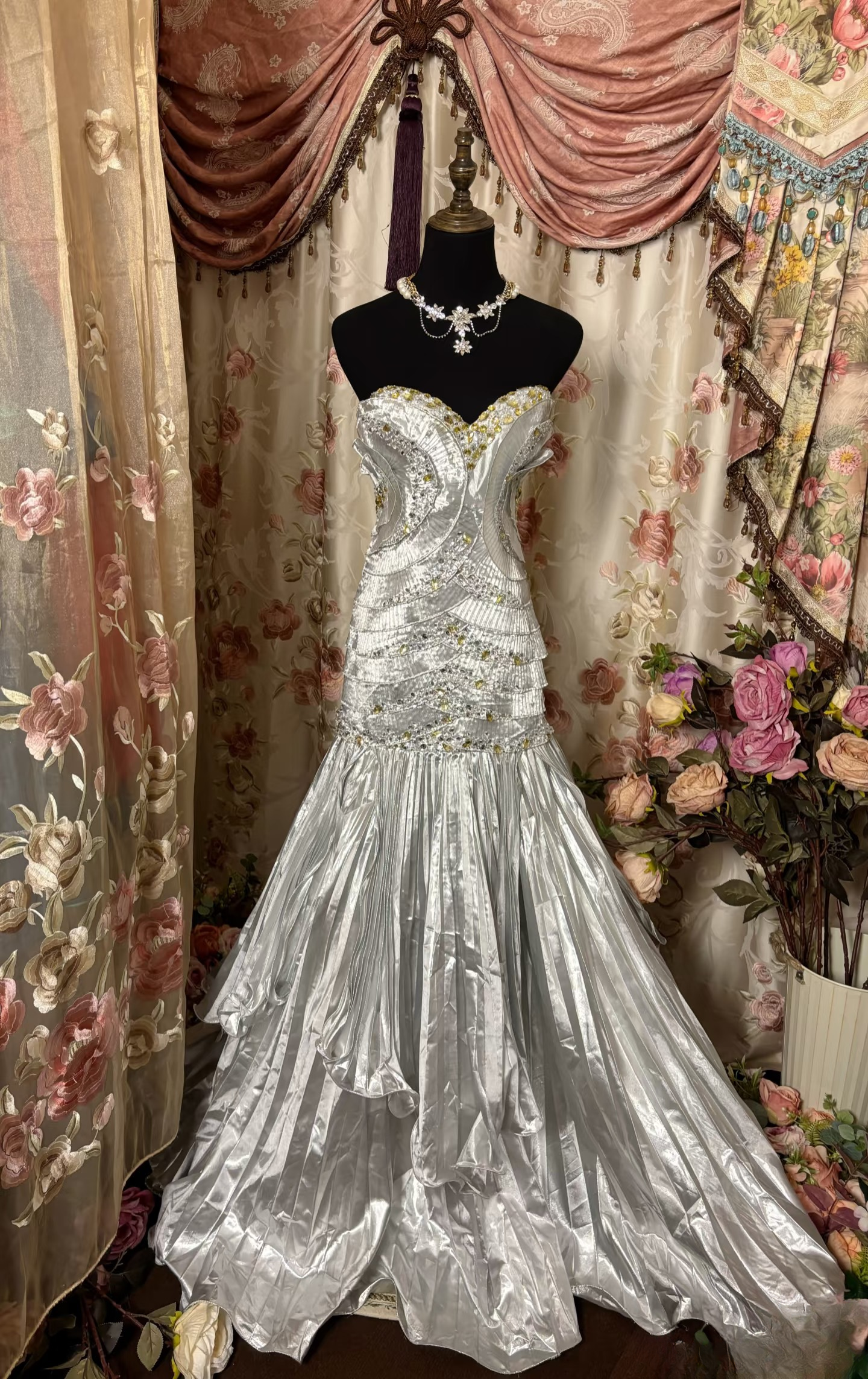 Gorgeous Mermaid Sweetheart With Beads 80s Sleeveless Pleated Long Prom Dresses Formal Evening Gowns AU316