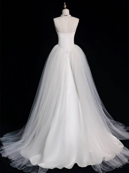 Princess Ball Gown Square Neck White Satin Wedding Dress Fairytale Autumn Wedding Gown AU318