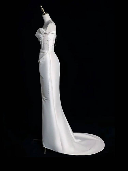 Simple Elegant Mermaid Off The Shoulder Off White Wedding Gown Long Fairytale Autumn Wedding Dresses AU319