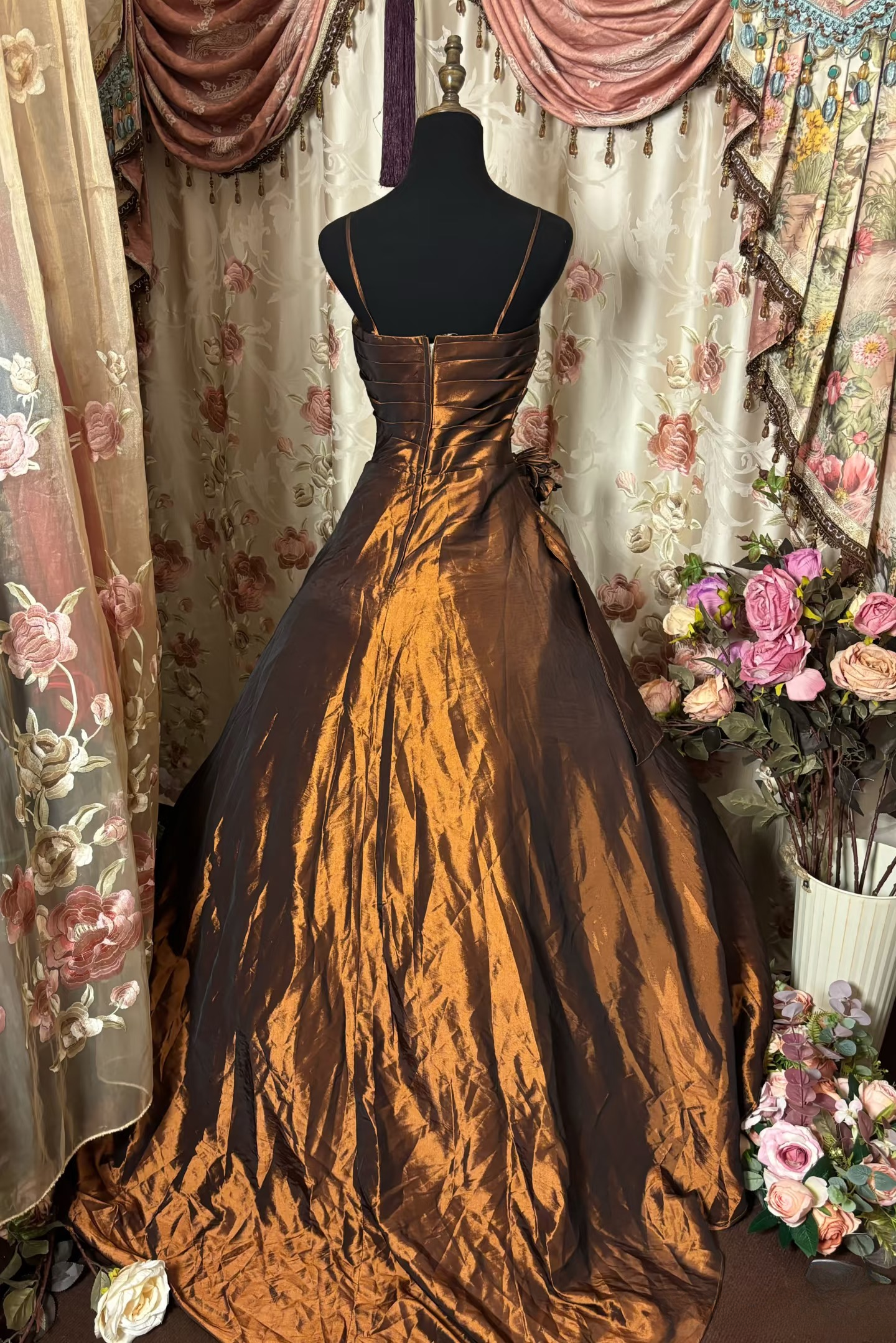 Dazzling Ball Gown Spaghetti Strap Brown With Beads Ruffle Long Quinceanera Dresses Sweet 15 16 Birthday Gown AU319