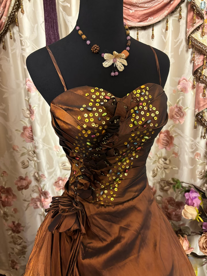 Dazzling Ball Gown Spaghetti Strap Brown With Beads Ruffle Long Quinceanera Dresses Sweet 15 16 Birthday Gown AU319