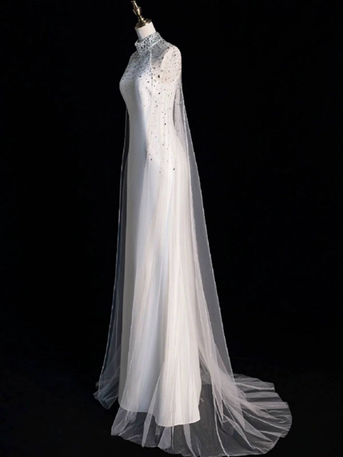 Modest Mermaid High Neck White Wedding Dress With Cape Styles Long Fairytale Brides Gown Wedding Dresses Ideas AU321