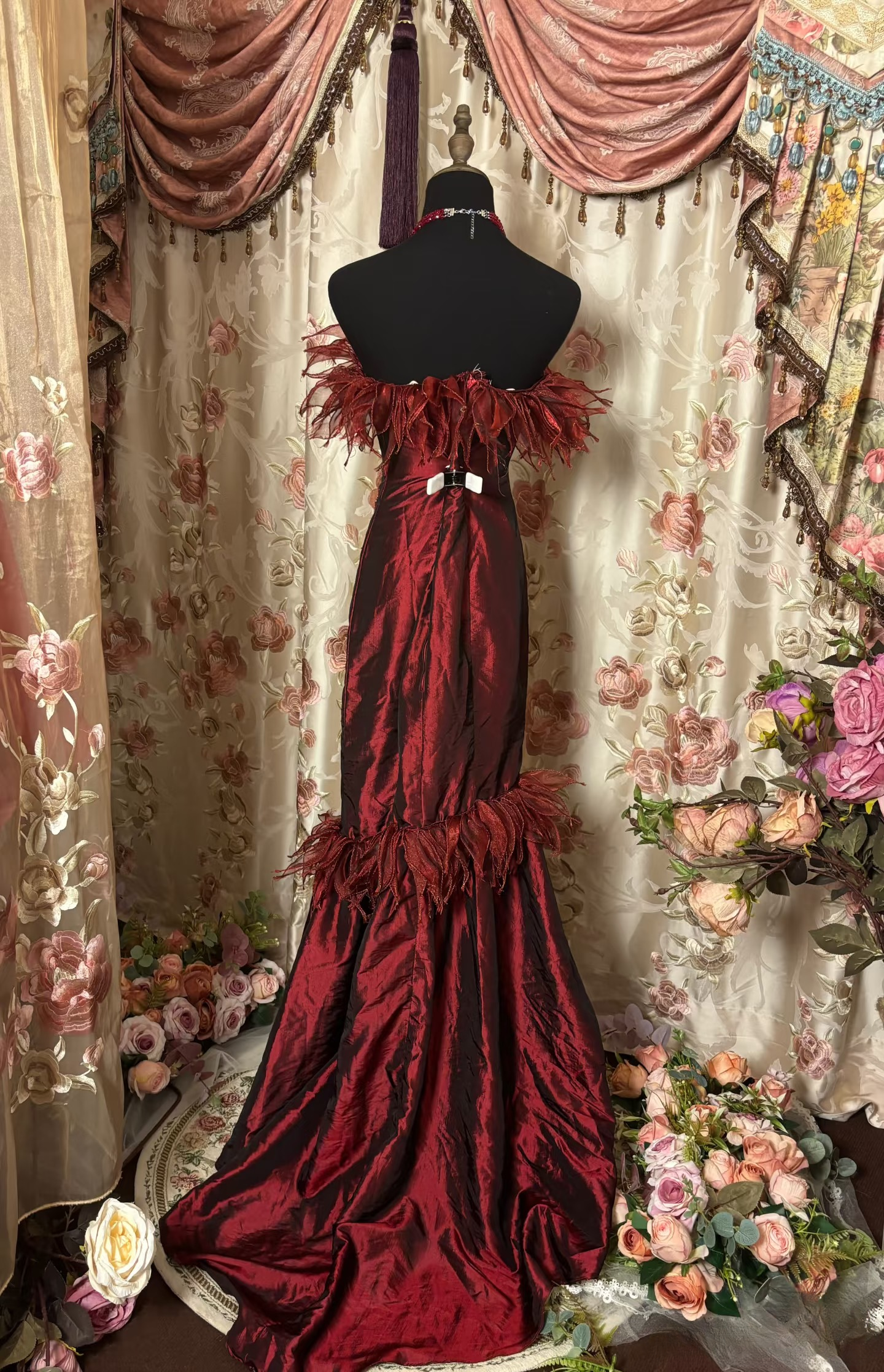 Vintage Mermaid Strapless Burgundy Dark Red Taffeta Prom Dresses Formal Party Teens Evening Gowns AU321