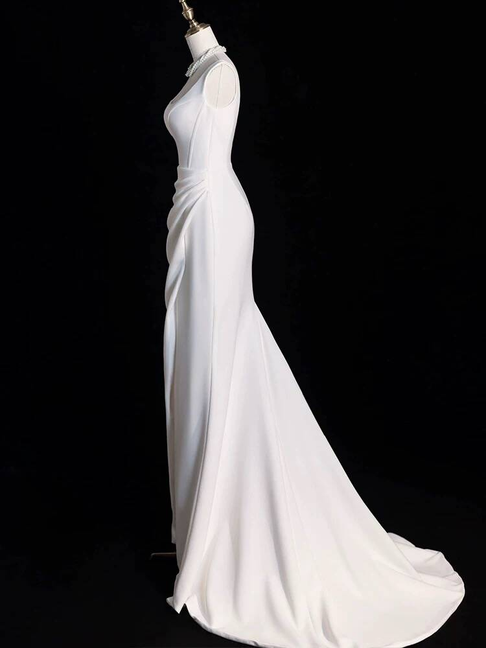 Princess Mermaid Square Neck White Satin Wedding Dress Fairytale Slit Wedding Gown AU322